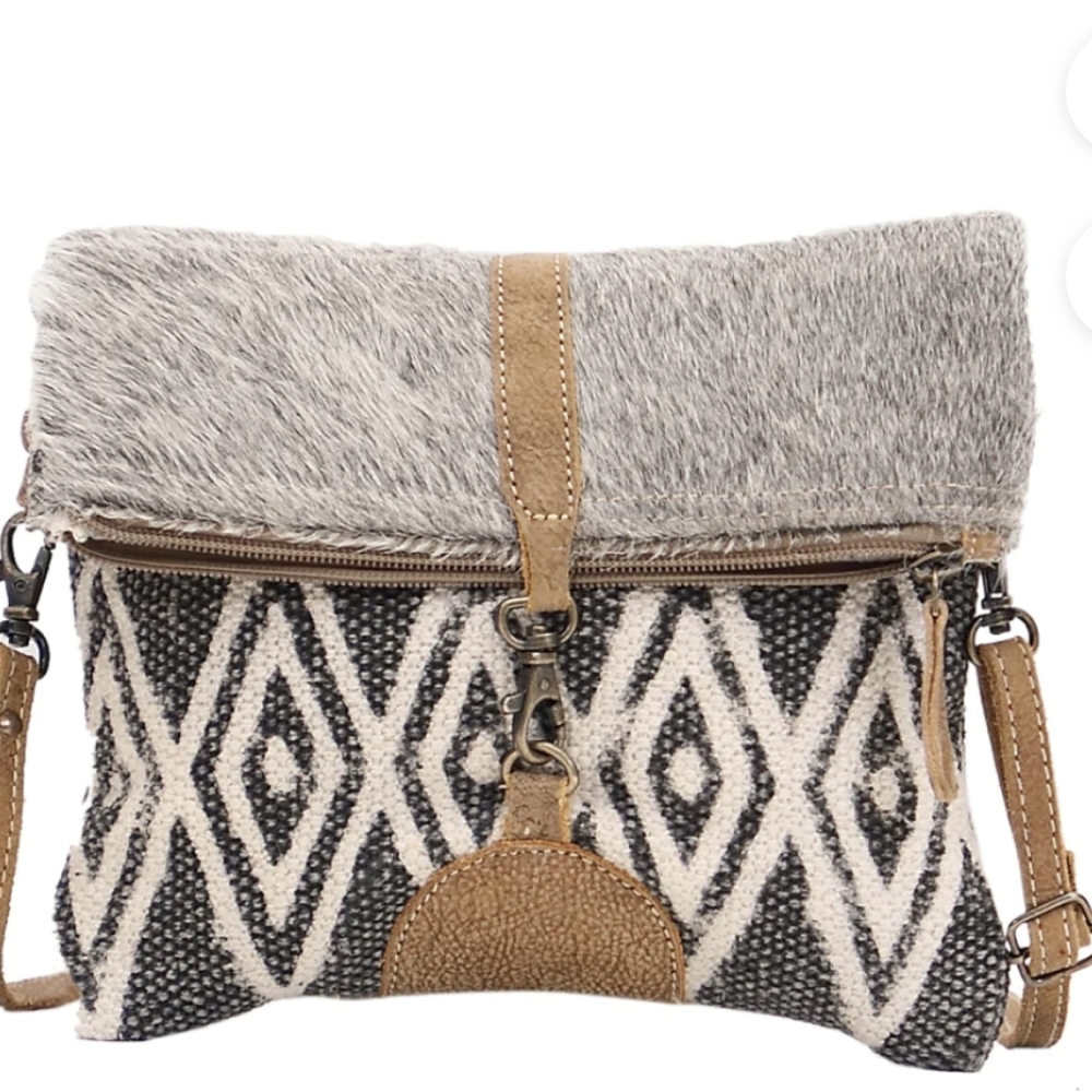 Myra Grumpy Small Foldover Cowhide and Honeybee Pattern Leather Crossbody Bag‎
